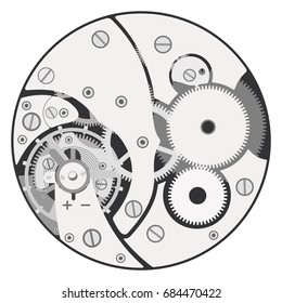 The details of the clock mechanism assembly isolated on a white background.