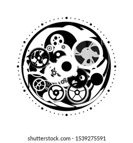 Details of the clockwork inside the watch. A reminder of the time. Round clock.