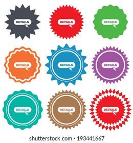 Details with cursor pointer sign icon. More with mouse symbol. Website navigation. Stars stickers. Certificate emblem labels. Vector