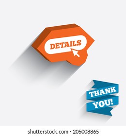 Details with cursor pointer sign icon. More with mouse symbol. Website navigation. White icon on orange 3D piece of wall. Carved in stone with long flat shadow. Vector