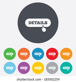 Details with hand pointer sign icon. More symbol. Website navigation. Round colourful 11 buttons. Vector