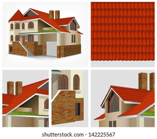 Details of house with red roof tiles in section, vector illustration.