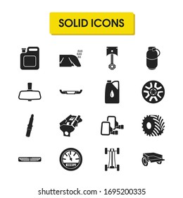 Details icons set with back mirror, car oil and hubcap elements. Set of details icons and windshield concept. Editable vector elements for logo app UI design.