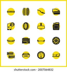 Details icons set with canister, car speedometer and hubcap elements. Set of details icons and jalousie concept. Editable vector elements for logo app UI design.