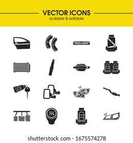 Details icons set with door handle, headlights, car pedals elements. Set of details icons and knob concept. Editable vector elements for logo app UI design.