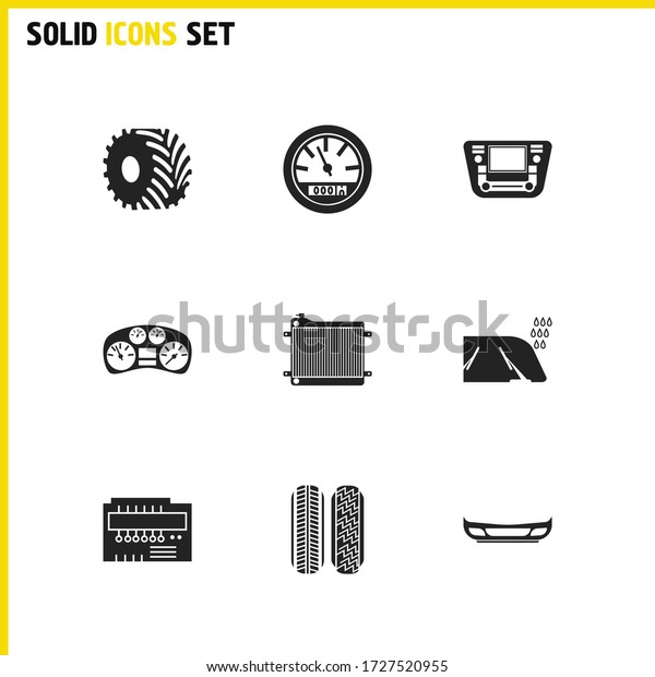 Details icons set
with radiator, monster car tyre and car microcircuit elements. Set
of details icons and jalousie concept. Editable vector elements for
logo app UI design.