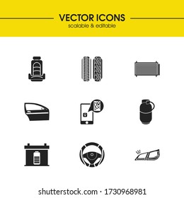 Los iconos de detalles se configuran con luz de cola, tanque de gas y elementos del condensador. Conjunto de detalles de los iconos y el concepto del asiento del conductor. Elementos vectoriales editables para el diseño de la interfaz de usuario de la aplicación del logotipo.