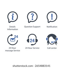 Detailinformationen, Fragen-Support, Benachrichtigung, Massage-Service, 24-Stunden-Service, Call-Center, Symbol