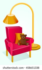 Details of interior: pink armchair with teddy bear and yellow pillow and lamp 