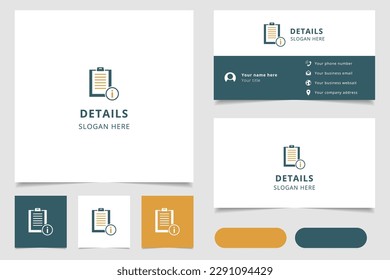 Details Logo Design mit bearbeitbarem Slogan. Branding-Buch- und Visitenkartenvorlage.