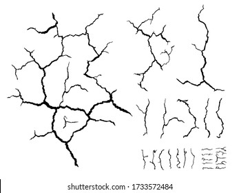 details lots element of broken crack  lines on ground against white background