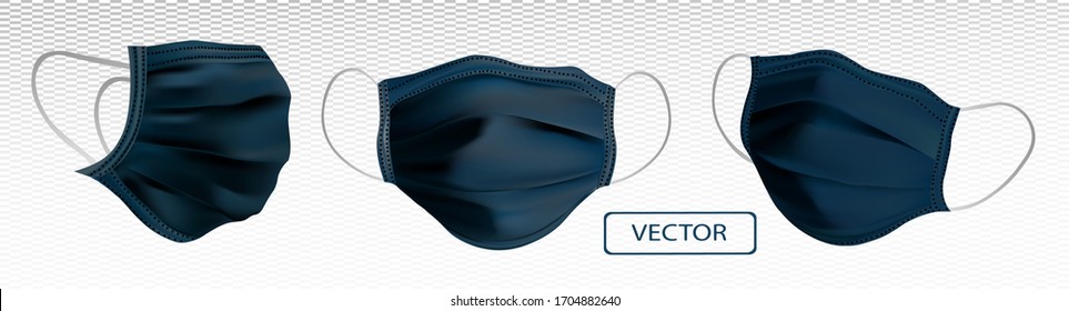 Details medical mask from different angles. Set of protective medical masks on transparent background. 3D realistic vector illustration.