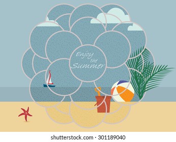 Details on the beach framed by the nucleus frame. Beach ball, bucket, sailboats, starfish and palm tree 