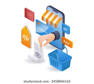 Details of online shopping in e commerce market infographic flat isometric 3d illustration