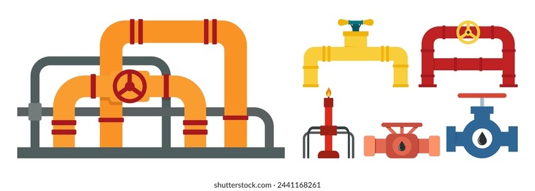 Details pipe different types collection of oil industry tube gas valve construction and oil industrial pressure technology plumbing vector illustration