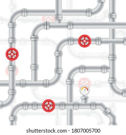 Tuberías de detalles. Colección de diferentes tipos de tubos de agua y construcción de válvulas de gas industriales.