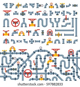 Details pipes different types collection of water tube industry gas valve construction and oil industrial pressure technology plumbing vector illustration.