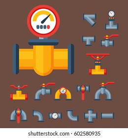 Details pipes different types collection of water tube industry gas valve construction and oil industrial pressure technology plumbing vector illustration.