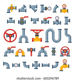 Details pipes different types collection of water tube industry gas valve construction and oil industrial pressure technology plumbing vector illustration.