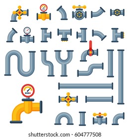 Details pipes different types collection of water tube industry gas valve construction and oil industrial pressure technology plumbing vector illustration.