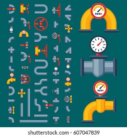 Details pipes different types collection of water tube industry gas valve construction and oil industrial pressure technology plumbing vector illustration.