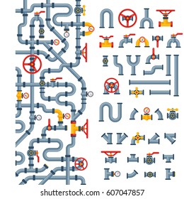 Details pipes different types collection of water tube industry gas valve construction and oil industrial pressure technology plumbing vector illustration.