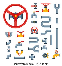 Details pipes different types collection of water tube industry gas valve construction and oil industrial pressure technology plumbing vector illustration.