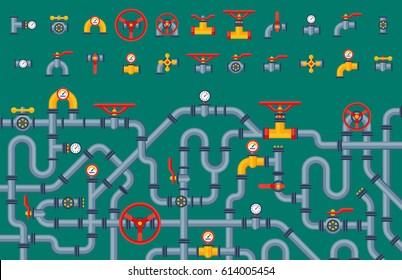 Details pipes different types collection of water tube industry gas valve construction and oil industrial pressure technology plumbing vector illustration.