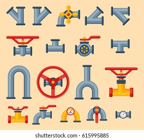 Details pipes different types collection of water tube industry gas valve construction and oil industrial pressure technology plumbing vector illustration.