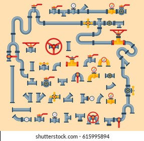 Details pipes different types collection of water tube industry gas valve construction and oil industrial pressure technology plumbing vector illustration.