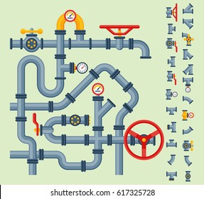 Details pipes different types collection of water tube industry gas valve construction and oil industrial pressure technology plumbing vector illustration.