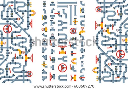 Details pipes different types collection of water tube industry gas valve construction and oil industrial pressure technology plumbing vector illustration.