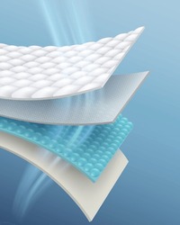 Details of quality absorbent pad materials Air will flow through easily helping to transfer heat. Keeps the outer surface dry and comfortable. Not sticky. realistic vector illustration.