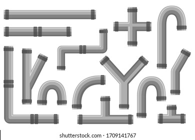 Details ware pipes system in flat style. Collection of water tube, plastic pipeline, filtres, gas valv. Pipe steel and plastic connectors, water tubes.