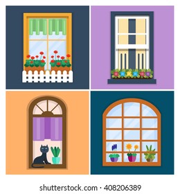 Details - window set for constructing house with plants in flower pots. Flat style. Urban street design. Vector illustration  set 