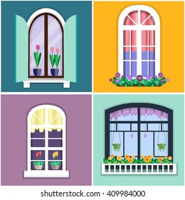 Details - window set for constructing house with plants in flower pots. Flat style. Urban street design. Vector illustration  set 