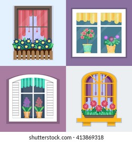 Details - window set for constructing house with plants in flower pots. Flat style. Urban street design. Vector illustration  set 