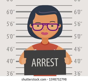 Detained or arrested with sign in police station. Funny cartoon vector illustration