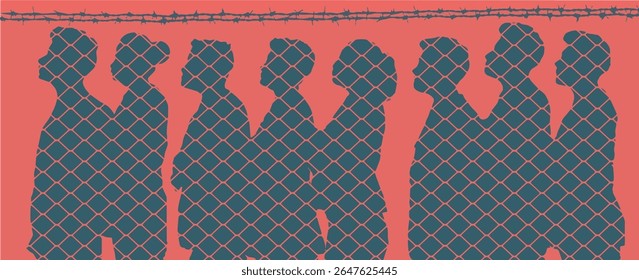 Os detentos fazem fila atrás de uma cerca fechada nessa ilustração 3d sobre estrangeiros ilegais detidos nos EUA.
