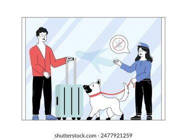 Detaining person at airport. Dog sniffs out suspicious man with suitcase. Security officers arrest citizen. Terrorism prevention, security. Linear flat vector illustration isolated on white background