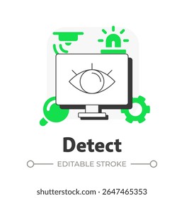 Detect threats flat outline concept icon. Physical security ecosystem. Identify risks. First line of defense. Modern line illustration with green glyphs. Conceptual visual. Easy to edit