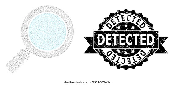 Detected dirty stamp and vector search loupe mesh structure. Black stamp contains Detected tag inside ribbon and rosette. Abstract flat mesh search loupe, built from flat mesh.