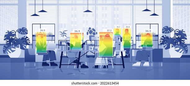 detecting elevated body temperature of arab businesspeople in office checking by non-contact thermal ai camera