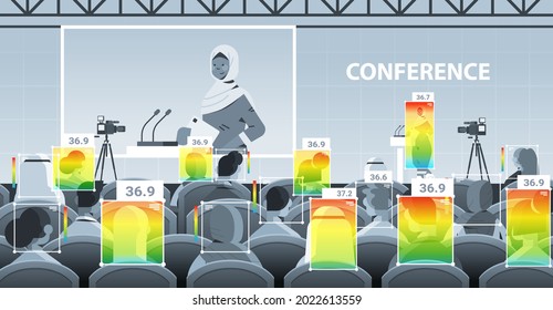 detecting elevated body temperature of businesspeople on conference meeting checking by non-contact thermal ai camera