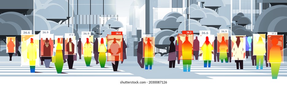 detecting elevated body temperature of businesspeople walking on city street checking by non-contact thermal ai camera