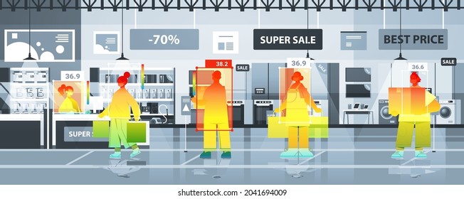 detecting elevated body temperature of businesspeople in market checking by non-contact thermal ai camera stop coronavirus