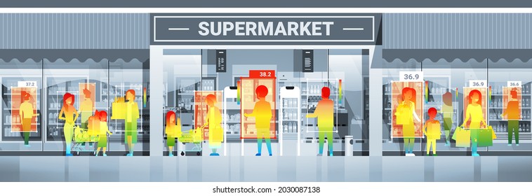 detecting elevated body temperature of people walking in supermarket checking by non-contact thermal ai camera stop coronavirus