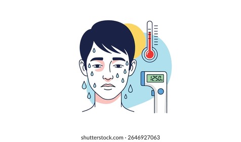 Detecting Elevated Body Temperature and Symptoms of Illness with Digital Thermometer and Feverish Face Illustration