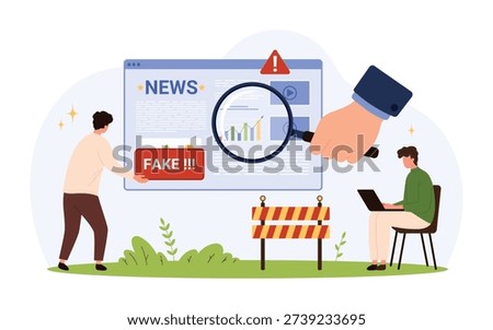 Detecting misinformation on digital news platforms with magnifying glass, warning signs, and people investigating online content, flat style isolated vector illustration