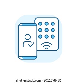 Detecting mobile credentials blue RGB color icon. Authenticate with smartphone and use it as key to access the office or other facility. Isolated vector illustration